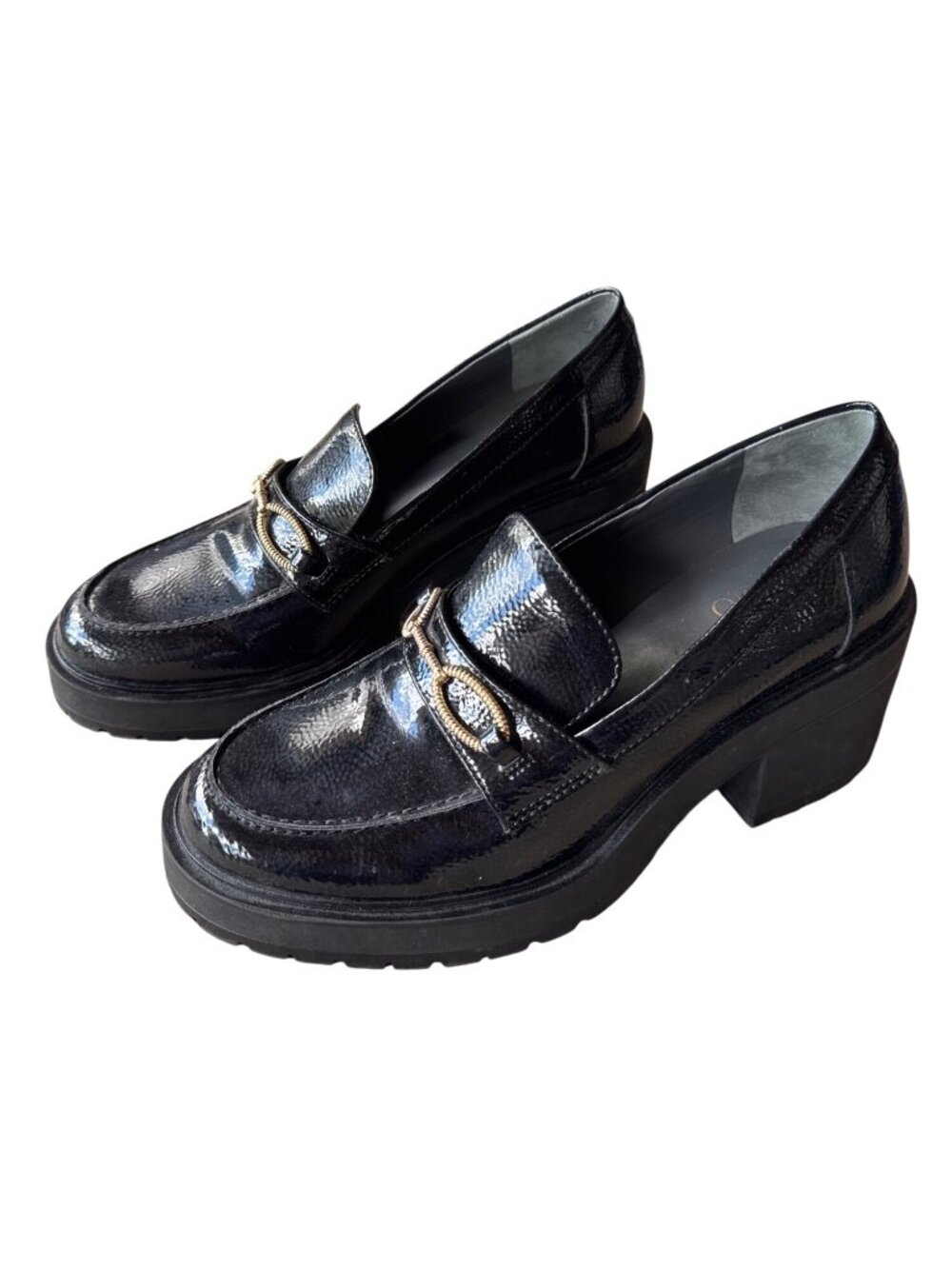Franco Sarto Desma Patent Leather Look Loafers 8M Gold Bit Detail Chunky Heel